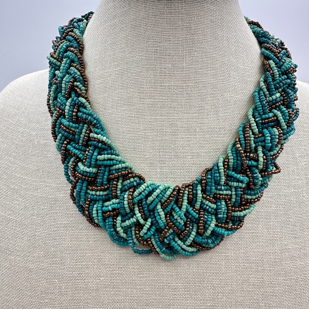 Vintage 80s Teal Turquoise Seed Bead Braided Statement Necklace Y2K